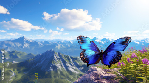 Beautiful blue butterfly flying in mountains background on a sunny day © FutureStock
