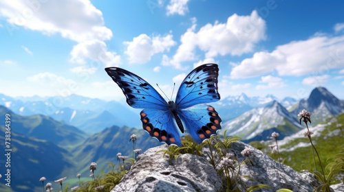 Blue butterfly in mountains background on a sunny day photo