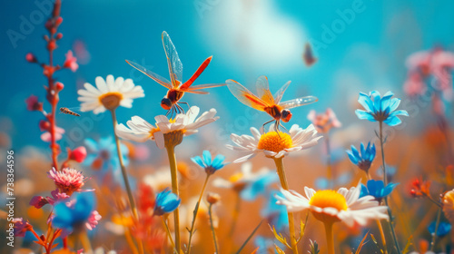 Wild flowers and butterflies on a meadow in nature in the rays of sunlight in summer or spring. Scenic summer art background with soft focus, low angle