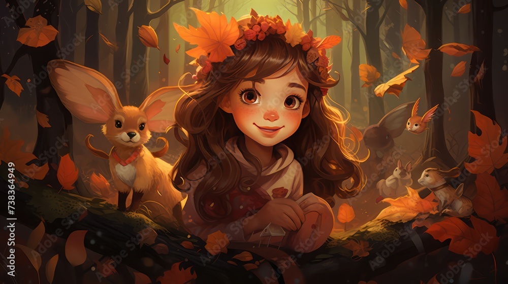Cartoon illustration of a beautiful, cute little girl in the park in autumn in a fictional fairy tale style.
