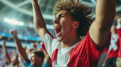A jubilant soccer fan celebrates a goal, cheering and clapping in a stadium filled with spectators during a crucial match. AIG41
