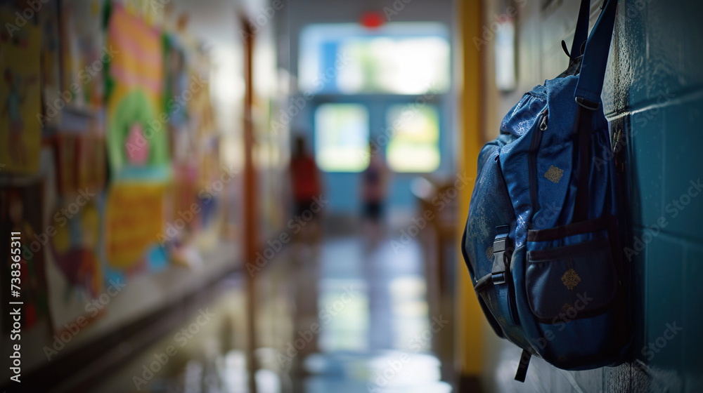 Obraz premium A middle school student's backpack hanging on a hook in a hallway