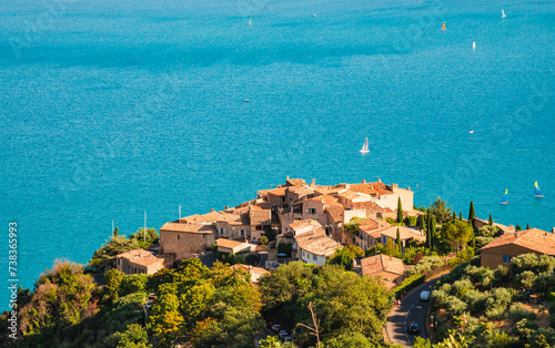 Panoramic view of Sainte Croix du Verdon village and lake in the Verdon Natural Regional Park, France