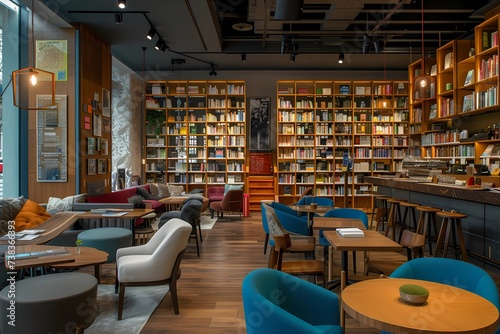 Modern Bookshop Café with Elegant Shelving and Comfortable Seating