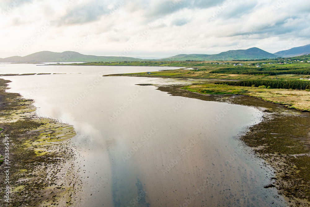 Aerial view of Derreen river along the Ring of Kerry route. Rugged coast of on Iveragh Peninsula on sunset, County Kerry, Ireland.
