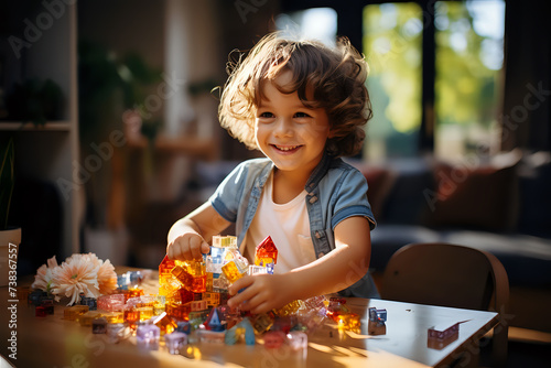 Joyful Child Playing with Colorful Building Blocks.A cheerful young boy engaged in play with translucent building blocks, capturing the spirit of childhood creativity and learning.