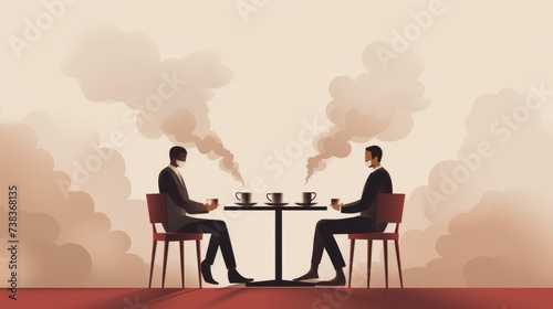 Seated together, two men share conversation over coffee, their engagement embodying the blend of camaraderie and the comforting presence of a warm beverage.