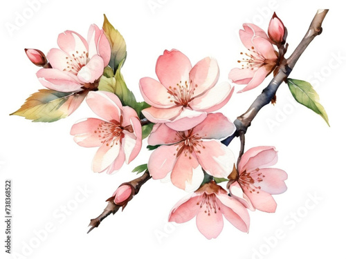 Watercolor illustration with spring flowers. A branch with apple and cherry blossoms