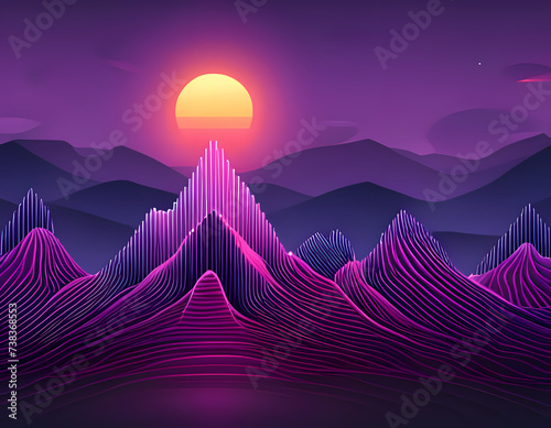 Abstract Geometric Landscape with Purple Mountains and Yellow Sun  Generative AI