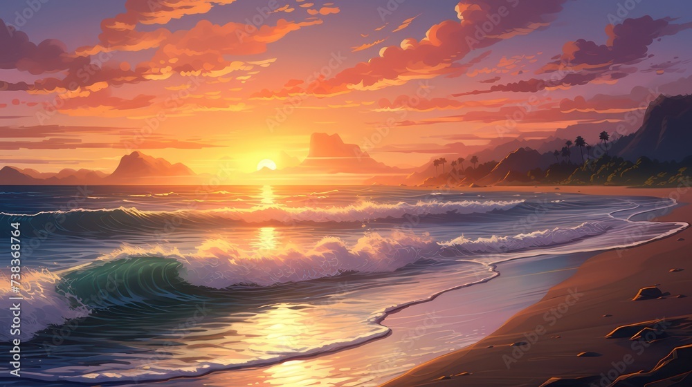 View of the beach, clean and clear wave sea, Sunset golden light sky scene.