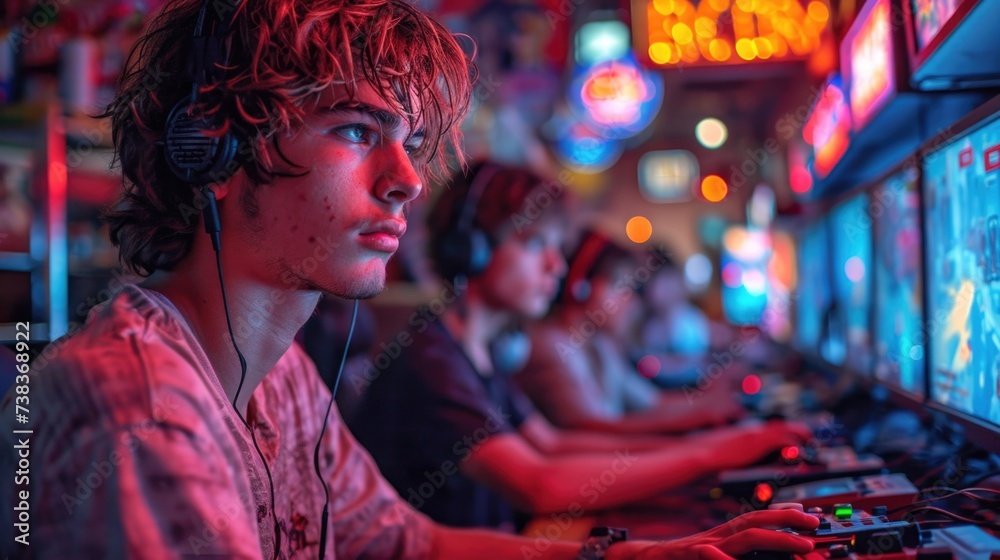 Group of People Engaged in Video Game. Generative AI. Group of People Engaged in Video Game. Generative AI.