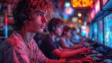 Group of People Engaged in Video Game. Generative AI.