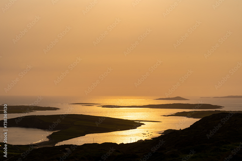 Sunset view of Ardmore and Turbot islands from famous scenic Sky Road, 15km looped drive starting in Clifden with numerous brilliant viewing points, Wild Atlantic Way, Connemara, Ireland.