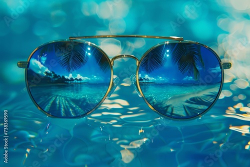 sunglasses with the beach on them reflected on a blue background Generative AI © SKIMP Art