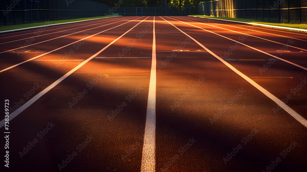 Golden Sunlight Casting Shadows on an Empty Athletic Running Track, Invoking Early Morning Training