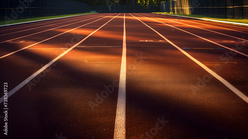 Golden Sunlight Casting Shadows on an Empty Athletic Running Track, Invoking Early Morning Training © AiHRG Design