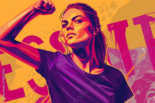 Illustration of a female figure as a symbol of protest. confidence, with a raised fist or a determined look, to embody the spirit of resistance. vibrant purple, pale pink color. empowerment and activi