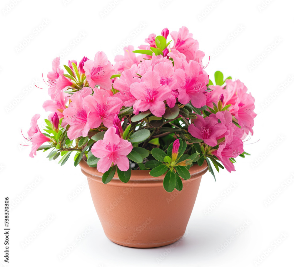 A captivating image of blooming pink azaleas in a terracotta pot, isolated on a white background, exuding the freshness of spring. A captivating image of blooming pink azaleas in a terracotta pot, isolated on a white background, exuding the freshness of spring.