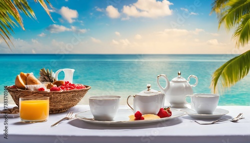 Luxury breakfast table with a stunning tropical sea and sky backdrop, perfect for a romantic morning © ibreakstock