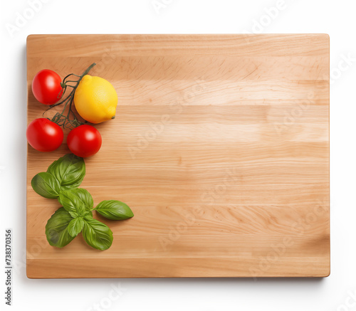 A top view of a variety of freshly sliced fruits and vegetables artistically arranged on a wooden cutting board. The image includes tomatoes, cucumber, lime, orange, and chili pepper adorned with basi