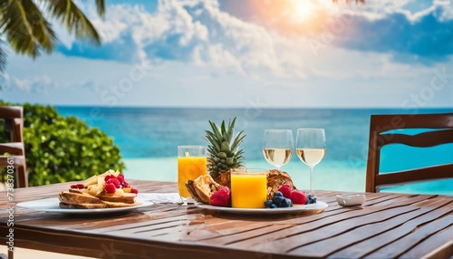 Honeymoon getaway: Couples' time with a scenic sea view breakfast table, embodying vacation romance © ibreakstock