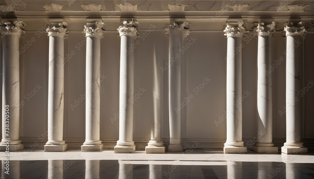 Marble columns in soft natural light, showcasing shadows and highlights, classical architecture charm