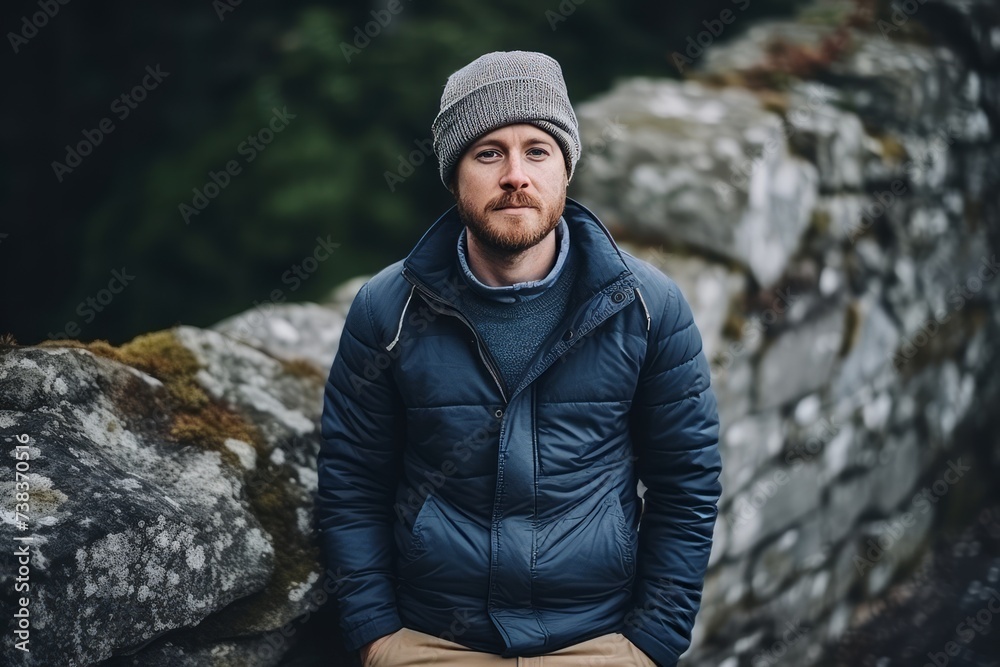 Handsome young man with beard and hat sitting on a rock
