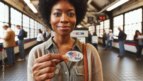 Young black woman holding an 'I Voted' sticker, embracing her civic responsibility photo