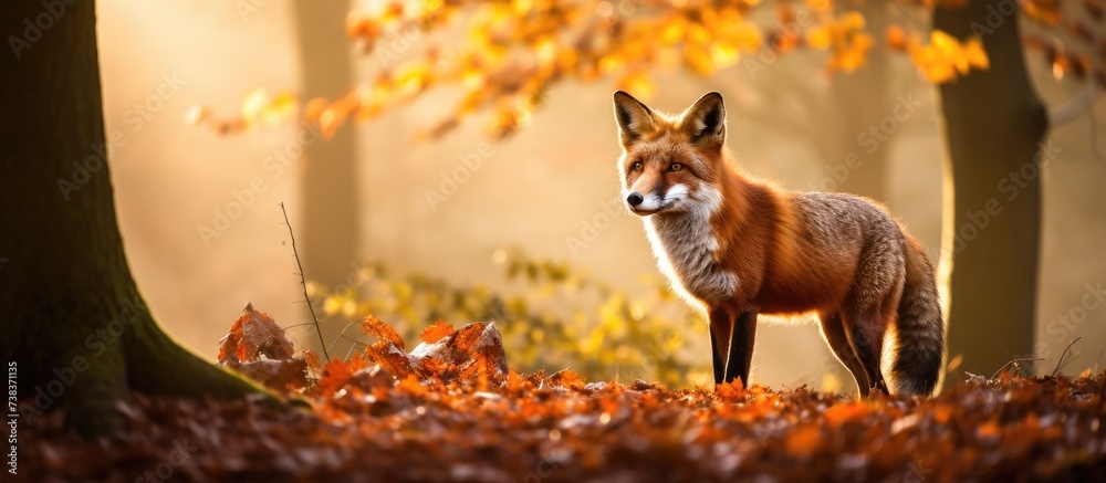 a red fox prowls through the enchanting forest, its fiery coat blending ...