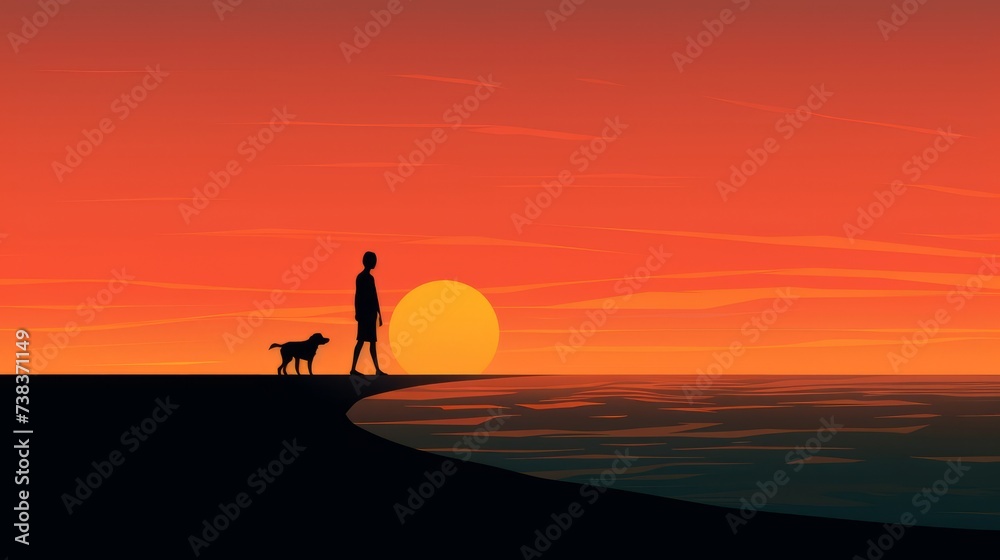 As the sun dips below the horizon, a person and a dog share a serene moment on the beach, their bond highlighted by the stunning sunset vista.