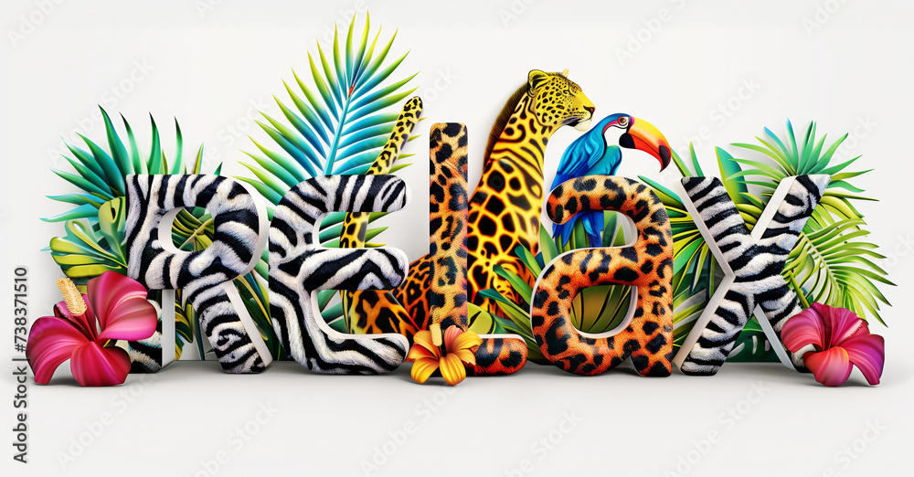 Obraz premium Text relax made from 3 d letters shaped leopard, zebra, parrot texture on white background. Zoo, wildlife, Africa journey adventures vibe. Animal print for travel banner.