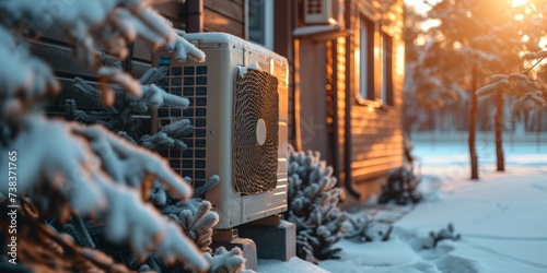 Air source heat pump installed outside, Sustainable and clean energy at home. photo