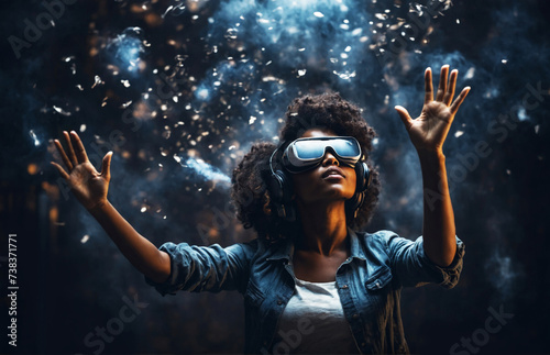 Futuristic young black female in VR glasses on a dark lighting background