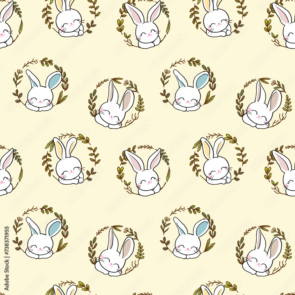 Seamless Pattern of Cute Rabbit Face in Leaf Circle Design on Light Yellow Background