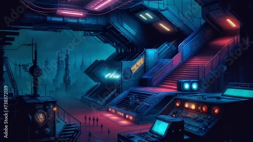 Science fiction scene depicting a bustling spaceport with figures silhouetted against a futuristic cityscape and spaceship infrastructure photo