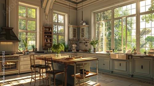 a sunny home kitchen  there s a spacious island  sink  furniture  and large windows that flood the space with natural light