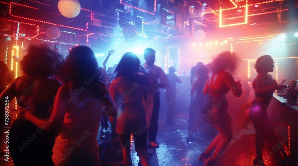 Vibrant nightlife with clubgoers dancing under colorful lights