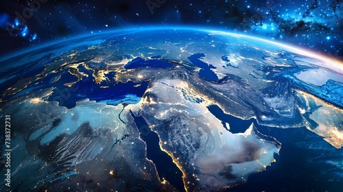 Wallpaper Mural 
View of planet Earth from space, gradually zooming in to focus on the Middle East, specifically Saudi Arabia, transitioning to a skyline of the world with a globe. Torontodigital.ca