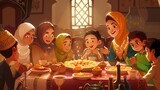 An illustration capturing the warmth and joy of a family coming together to break their fast, known as Iftar or Ifthar, during the holy month of Ramadan. 