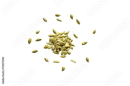 close-up of a pile of organic dry cardamom seeds isolated on a transparent background without shadow from above, top view, png photo