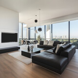 Modern Minimalist Living Room and Dining Area with a Panoramic View and Stylish Furniture
