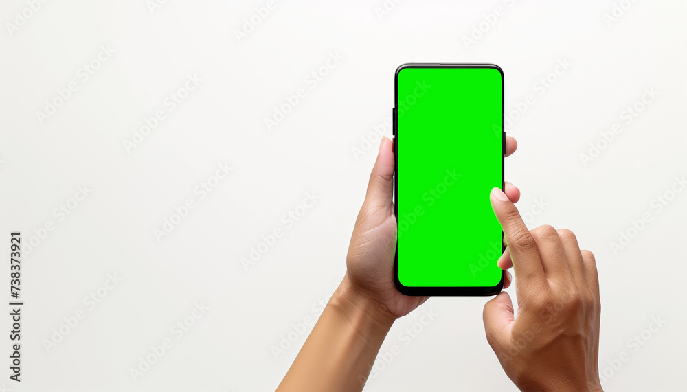 Hand holding smartphone green screen isolated on white background. Hand holding smartphone green screen isolated on white background.