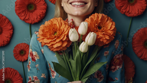 Happy girl, satisfied, with a bouquet of flowers, festive mood of Women's Day photo