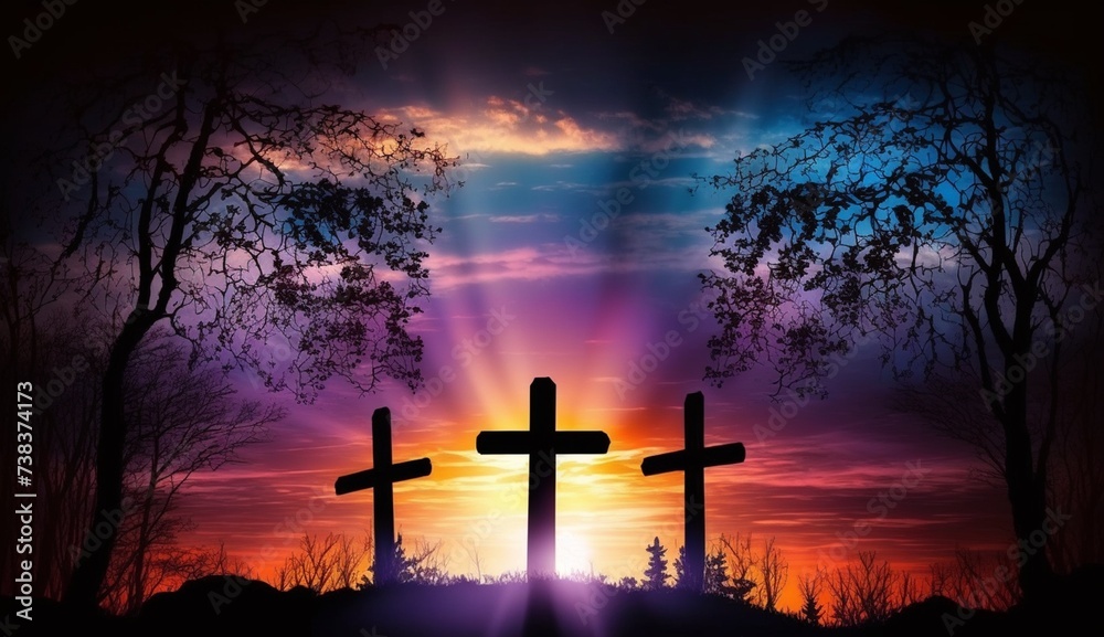 Silhouette of crosses on beautiful spring sunset. Easter theme. Silhouette of crosses on beautiful spring sunset. Easter theme.