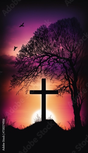 Silhouette of cross on beautiful spring sunset. Easter theme.