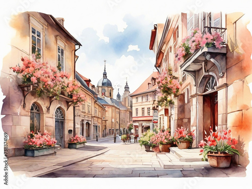Watercolor illustration with spring flowers on the background of an ancient European city, sea and mountains.