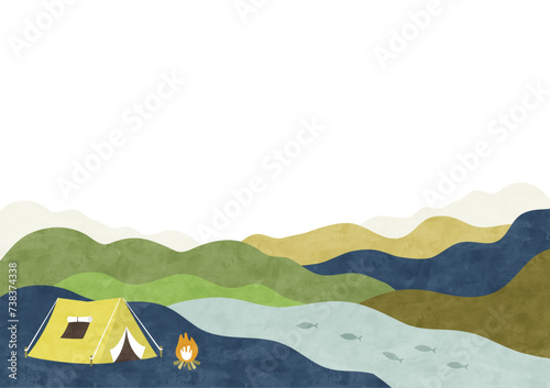 山のキャンプ場 テントと焚き火と川魚 アウトドアの水彩背景イラスト