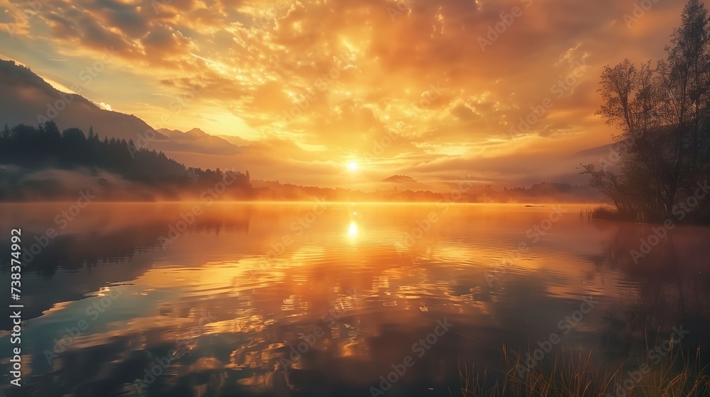 A captivating panorama capturing the ethereal beauty of a sunrise casting its warm hues over a serene lake A captivating panorama capturing the ethereal beauty of a sunrise casting its warm hues over a serene lake