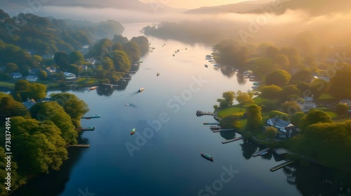 Idyllic Lake Windermere in Lake District National Park, England - England's largest lake nestled amidst rolling hills and charming villages