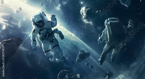 Dynamic Illustration of Astronauts Soaring and Floating Amidst the Vastness of Space